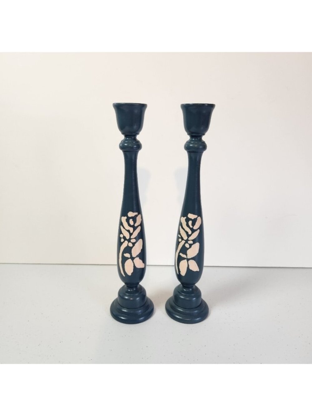 Hand Painted Wooden Candle Holders Colonial Blue Vintage Country Farmhouse Decor